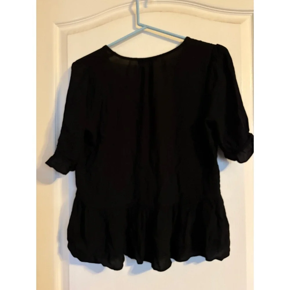 Madewell Black Button Front Peplum‎ Top V-Neck Short Puff Sleeve Blouse Small